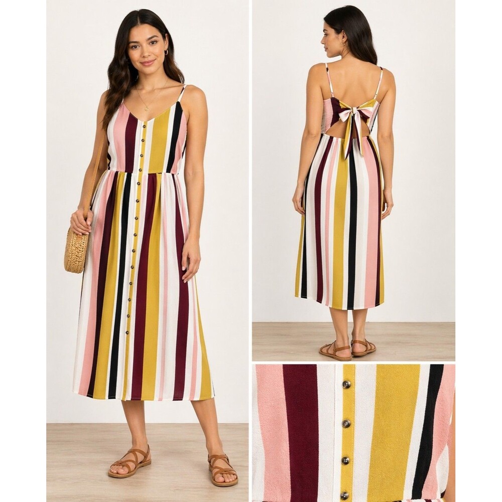 New Look Women M Multicolor Sleeveless Stripe Midi Sundress  Tie-Back Boho Chic